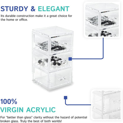 Huang Acrylic Clear Stackable Upright 3-Drawer Organizer, Makeup Jewelry Accessories Cosmetic Countertop Storage Display 3.5 x 3.25 x 5.75 inches