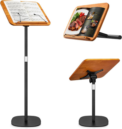 2 in 1 Dual-use Music Stand & Desktop Book Stand, Adjustable Height 16.5"-51", 100% Solid Wood Laptop Floor Stand Book Holder with Page Clips for Cookbooks, Sheet Music (Brown)