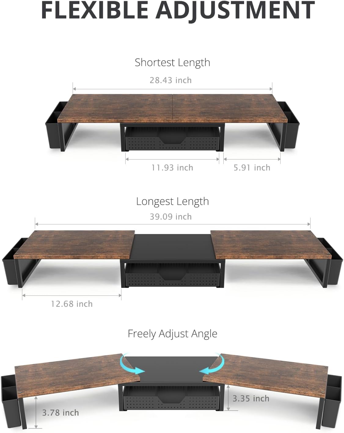 OPNICE Desk Organizers and Accessories, Dual Monitor Stand Riser with Drawer and 2 Pen Holders, Desk Shelf Wood Computer Racks for Office Workspace Organizers, Desktop Organization (Rustic Brown)
