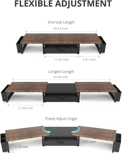 OPNICE Desk Organizers and Accessories, Dual Monitor Stand Riser with Drawer and 2 Pen Holders, Desk Shelf Wood Computer Racks for Office Workspace Organizers, Desktop Organization (Rustic Brown)
