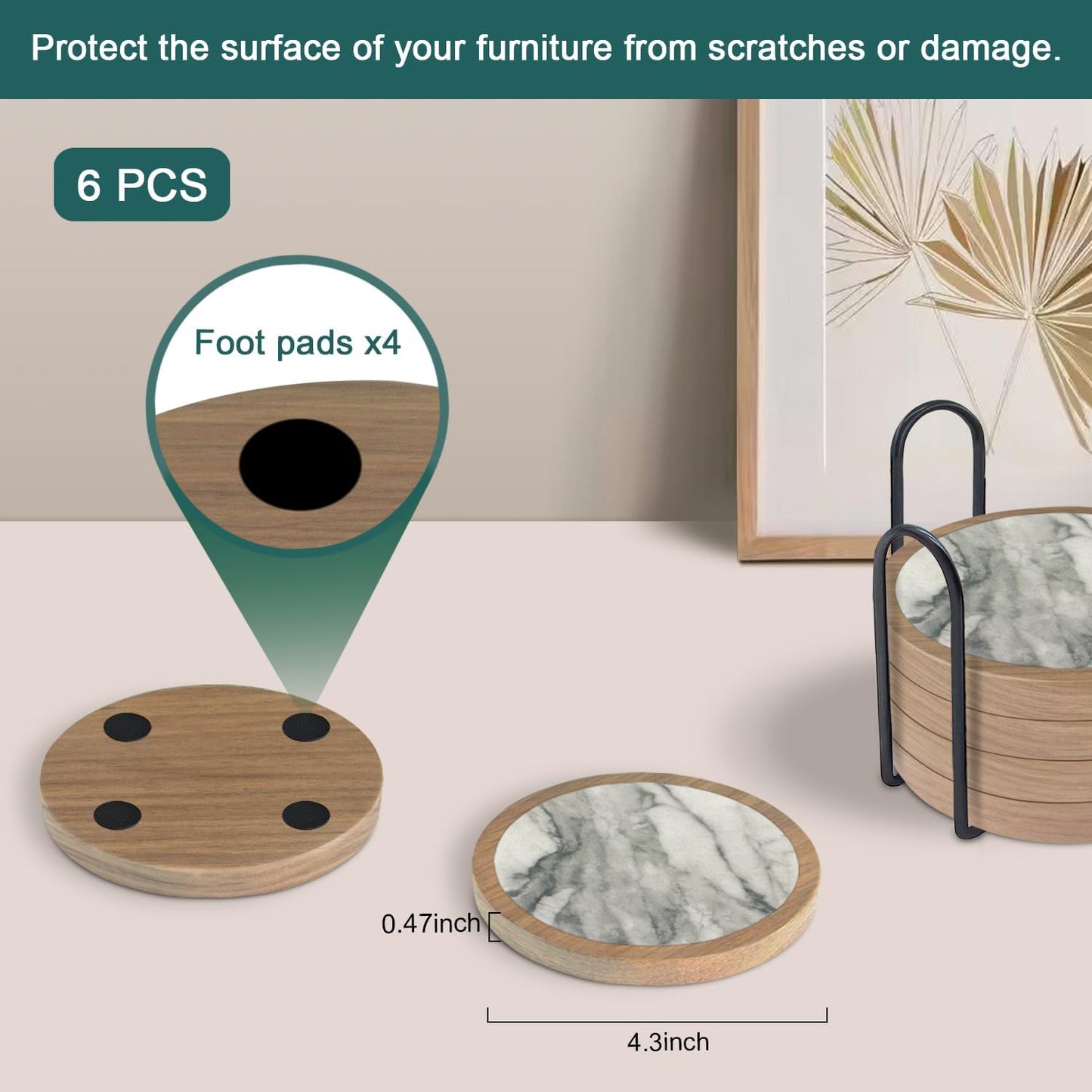 Wood Coasters for Drinks, Minacun Absorbent Coaster Sets of 5, Drinks Coasters for Coffee Tabletop Protection, Non-Slip, Non-Stick, Suitable for Kinds of Cups Wooden Table Drink, 4.3 Inches Black