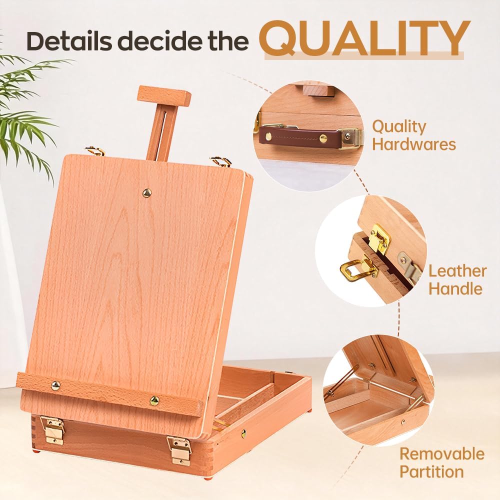 Wooden Art Easel for Painting & Sketching - Tabletop & Table Top Easel with Storage - Adjustable Height & Angle, Foldable - Perfect for Adults, Artists, Students & Beginners