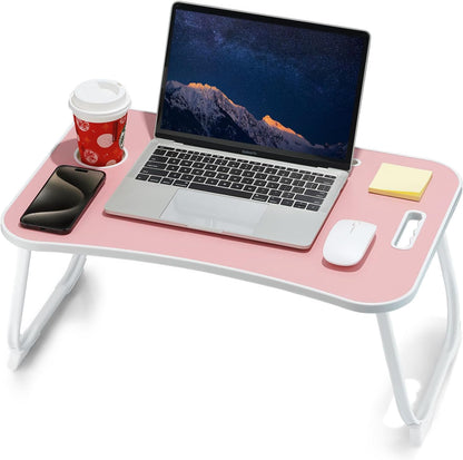 ZEAPTAC Laptop Bed Desk, Foldable Lap Desk, Portable Lap Table, Laptop Stand with Cup Holder, Tablet Slot & Lifting Handle for Work, Write, Draw & Eat on Bed, Sofa or Couch - Pink