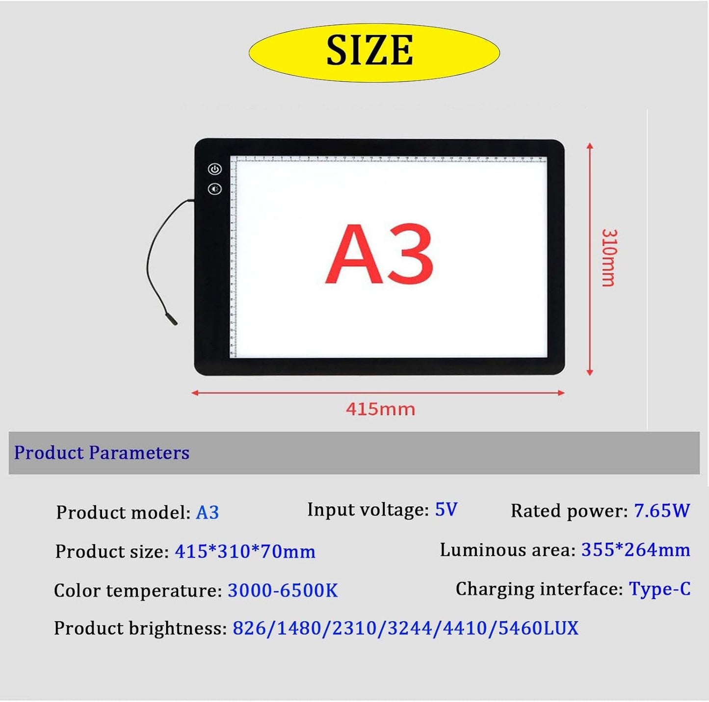 Generic Rechargeable Artist A3/A4/A2/A5 Light Table, Ultra-Thin Portable LED Light Box 3-Color Modes 6 Levels Dimming, Drawing Board Backlight for Sketching, Drawing, Tracing and Diamond Art