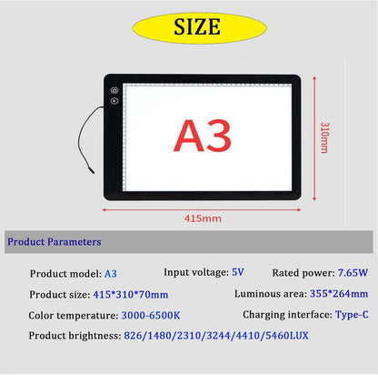 Generic Rechargeable Artist A3/A4/A2/A5 Light Table, Ultra-Thin Portable LED Light Box 3-Color Modes 6 Levels Dimming, Drawing Board Backlight for Sketching, Drawing, Tracing and Diamond Art