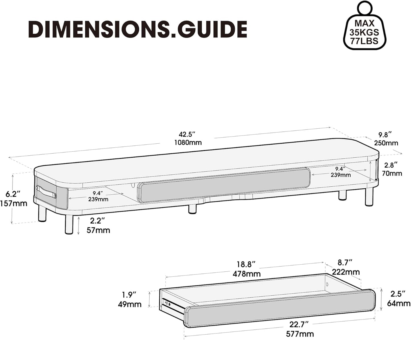 Fenge Monitor Stand with Large Drawer, 42.5 Inch Dual Monitor Riser for 2 Monitors, Ergonomic Computer Desk Shelf with Soft Touch Leather & Storage Organizer for Laptop, Computer, TV, PC, Printers