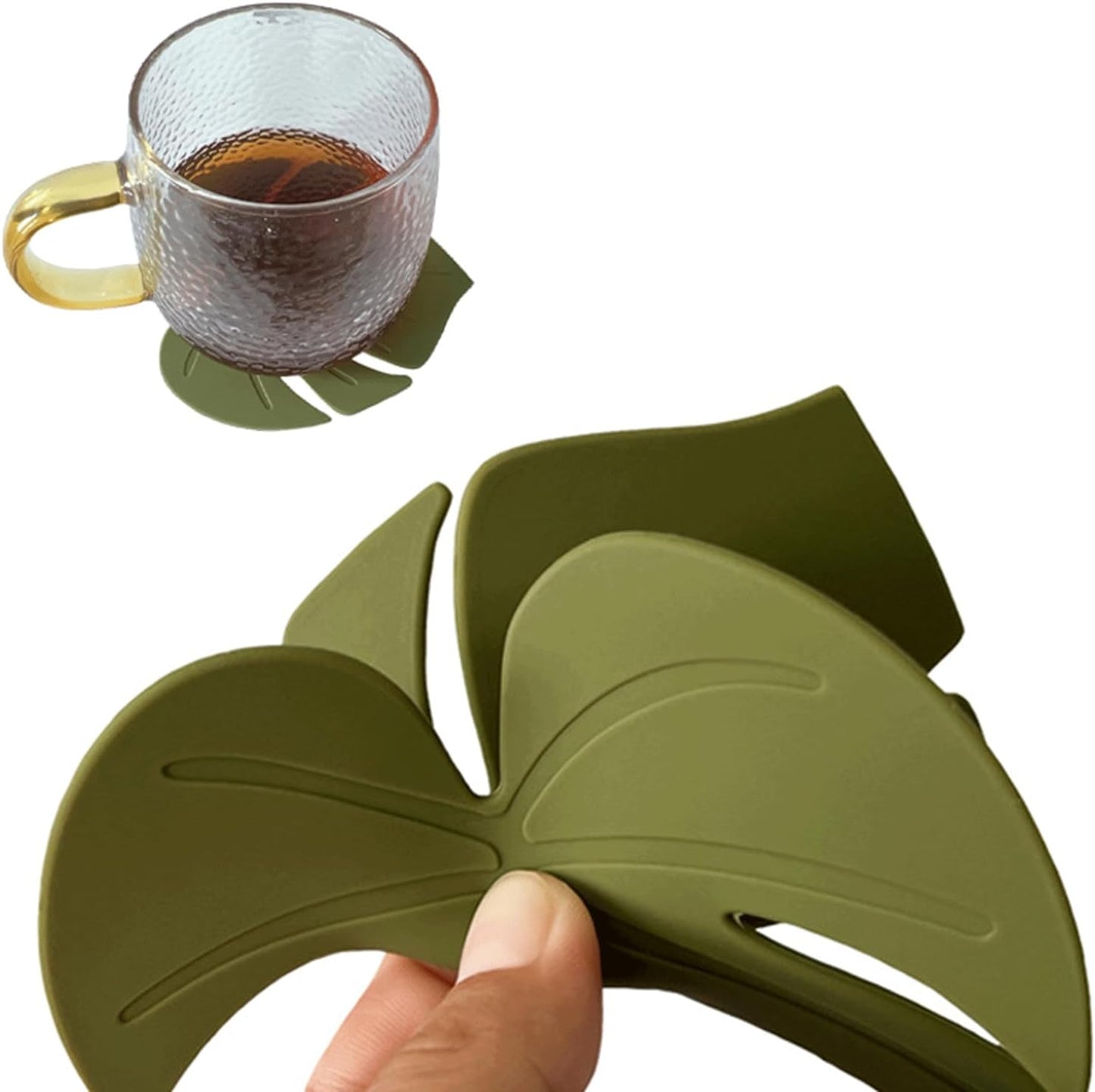 2PCS Cute Monstera Coasters, Soft Silicone Coaster for Drink, Fun Plant Cup Coasters for Desk, Creative 3D Green Turtle Leaf Drink Coaster, Tropical Home Decor
