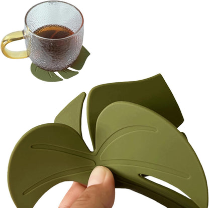 2PCS Cute Monstera Coasters, Soft Silicone Coaster for Drink, Fun Plant Cup Coasters for Desk, Creative 3D Green Turtle Leaf Drink Coaster, Tropical Home Decor