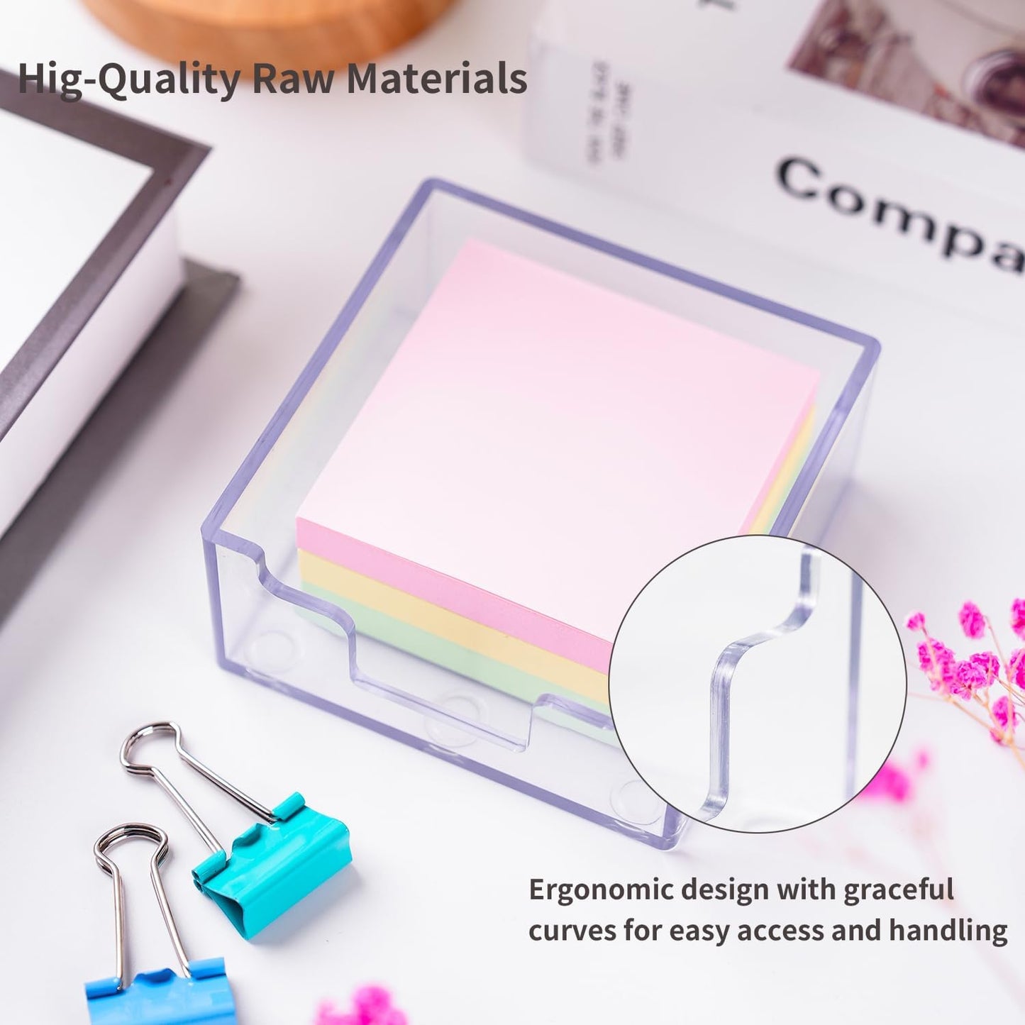 Sticky Notes Holder，Clear Acrylic 3" x 3" Post it Note Holder Dispenser for Desk, Computer Screen, Classroom Office Organizer, Light Blue