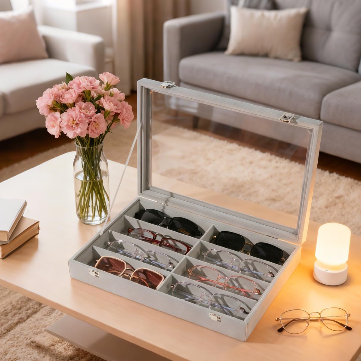 Glasses Holder Box Drawer Sunglass Organizer for Men Clear Storage Case 8 Slot Multiple Reading Glasses Display