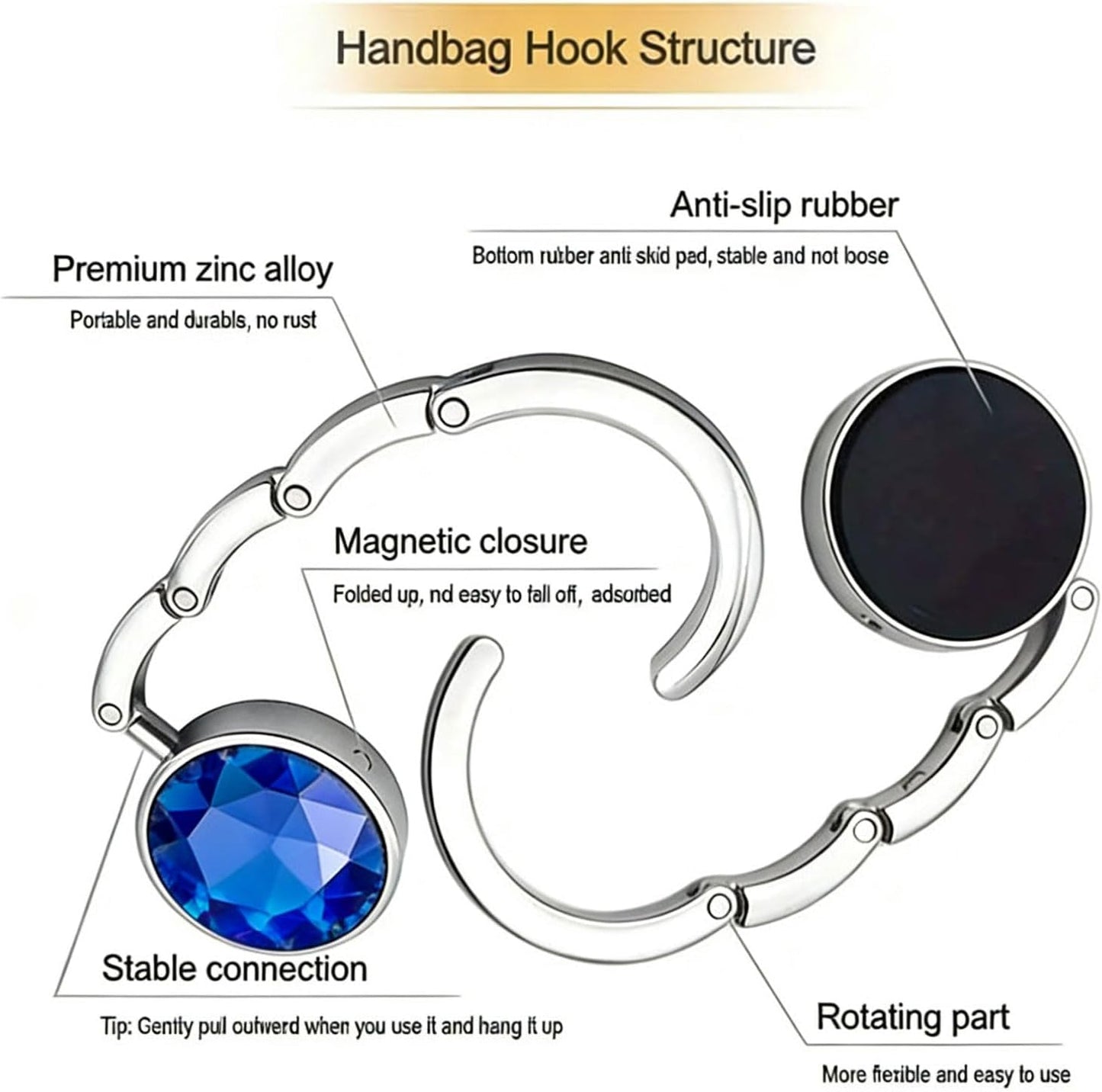 6 PCS Crystal Handbag Hooks for Tables, Portable Folding Purse Hanger, Non-Slip Bag Holder for Restaurant Office Home, Magnetic Closure, Alloy Metal, Easy to Carry