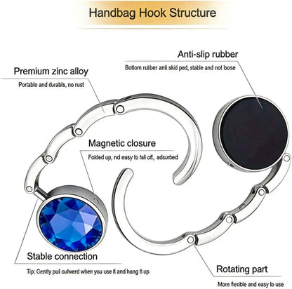 6 PCS Crystal Handbag Hooks for Tables, Portable Folding Purse Hanger, Non-Slip Bag Holder for Restaurant Office Home, Magnetic Closure, Alloy Metal, Easy to Carry