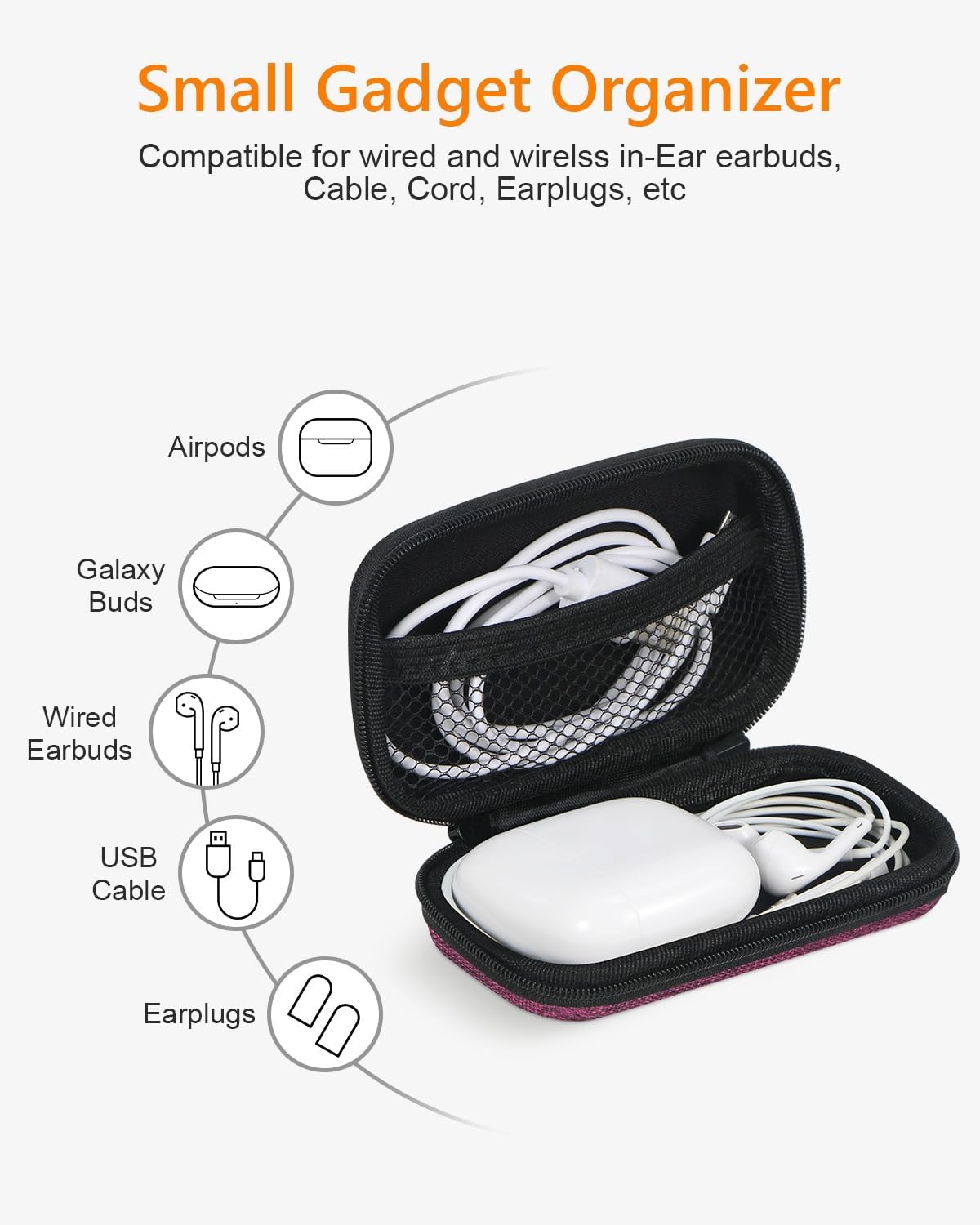 Earphone Earbud Carrying Case Holder - Lightweight Mini Universal Storage Pouch Bag for Wired Earbuds, Airpods, Bluetooth Headset, Wall Charger Adapter, USB Cable, Cell Phone Accessories - Pink