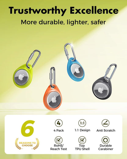 UNBREAKcable AirTag Holder for Apple - 4 Pack Air Tag Case [Professional Carabiner] [Waterproof] [Shockproof] TPU AirTag Keychain for Kids, Pets, Keys, Luggage, Backpacks