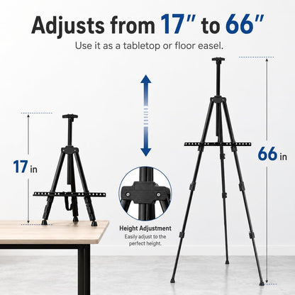Art Easel Stand for Painting and Sign - RRFTOK 17 to 66 Inch Adjustable Aluminum Tripod Easels for Display, Portable Canvas and Poster Stand with Carry Bag for Beginners, Students and Classroom Use