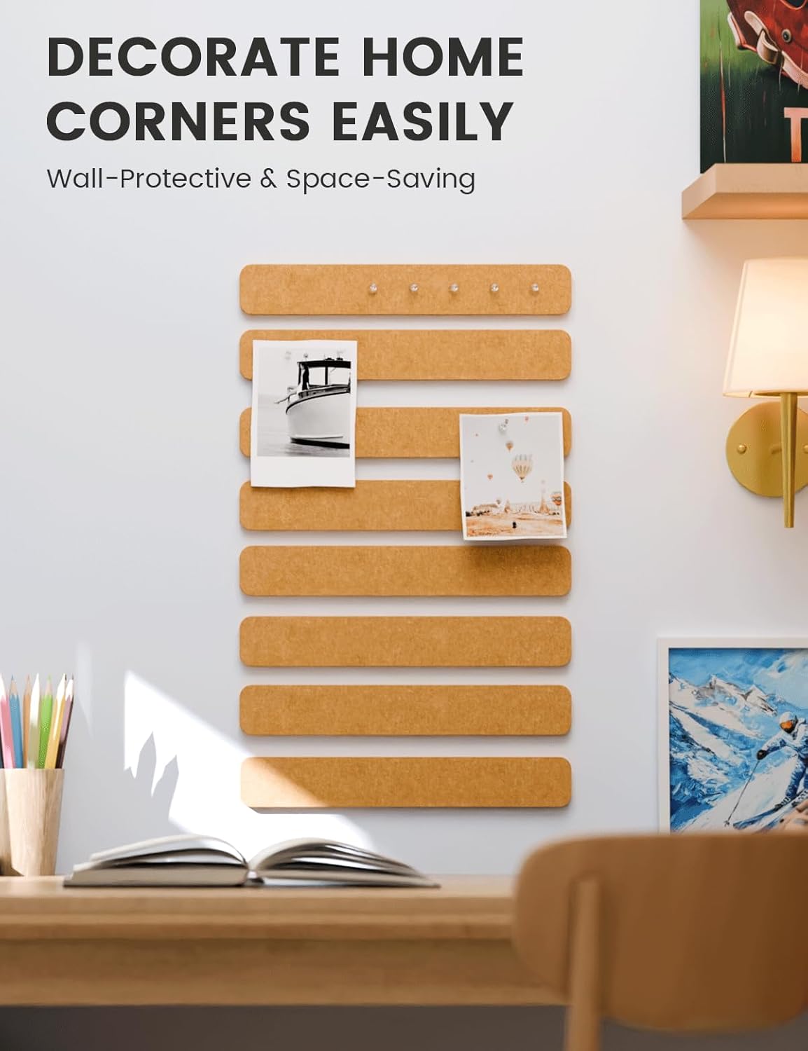 Fluxynara Cork Board Alternative Felt Strip Board 8-Pack 13"x2", Office Pin Board with 50 Push Pins, Adhesive Install for Bedroom Door & Home Office(Linen Dusk)