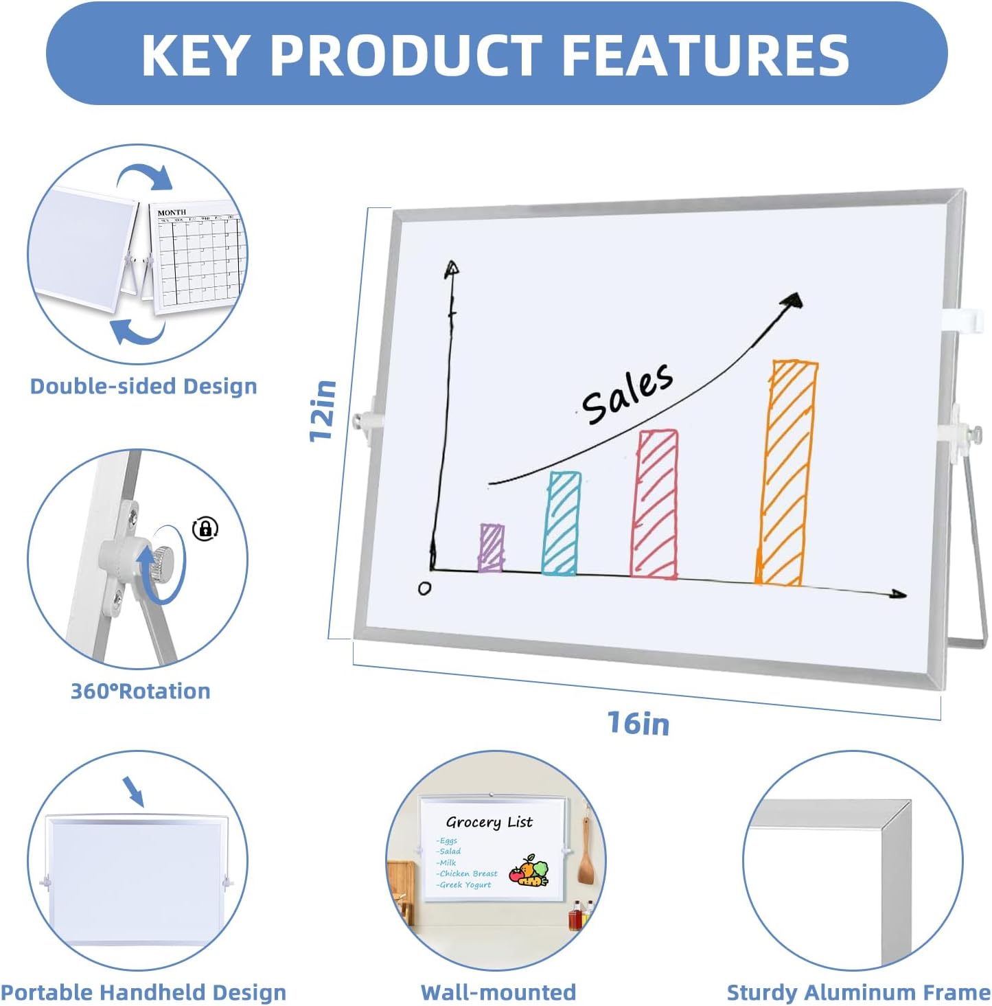 Dry Erase White Board, 16 x 12 inches Double-Sided Magnetic Monthly Dry Erase Whiteboard Calendar Planner with Stand, Portable Desktop Calendar Whiteboard for Kitchen, School, Home, Office