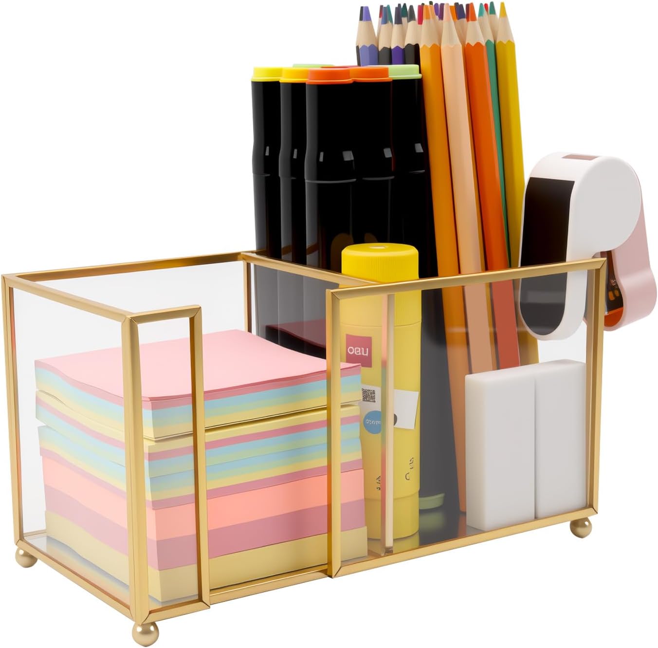 Glass Sticky Note Holder, Gold Post It Note Dispenser for Desk,3 x 3 Inch Post It Note Holder,Stylish Sticky Note Dispenser for Home Office Desk