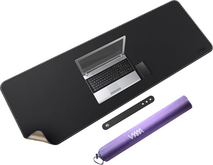 Vyaaa PU Leather & Cork Desk Mat, 39.4"x15.7" Dual Sided Computer Desk mat, Waterproof Large Mouse Pad, Non-Slip Office Desk pad, Office Desk Protector for Work/Gaming/Home (Black)