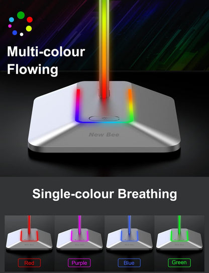 New Bee Headphone Stand with RGB Lighting, Sturdy Aluminum Gaming Headset Holder with USB-C & USB Charging Ports, Stable Desktop Earphone Stand for All Headphones Size, Black