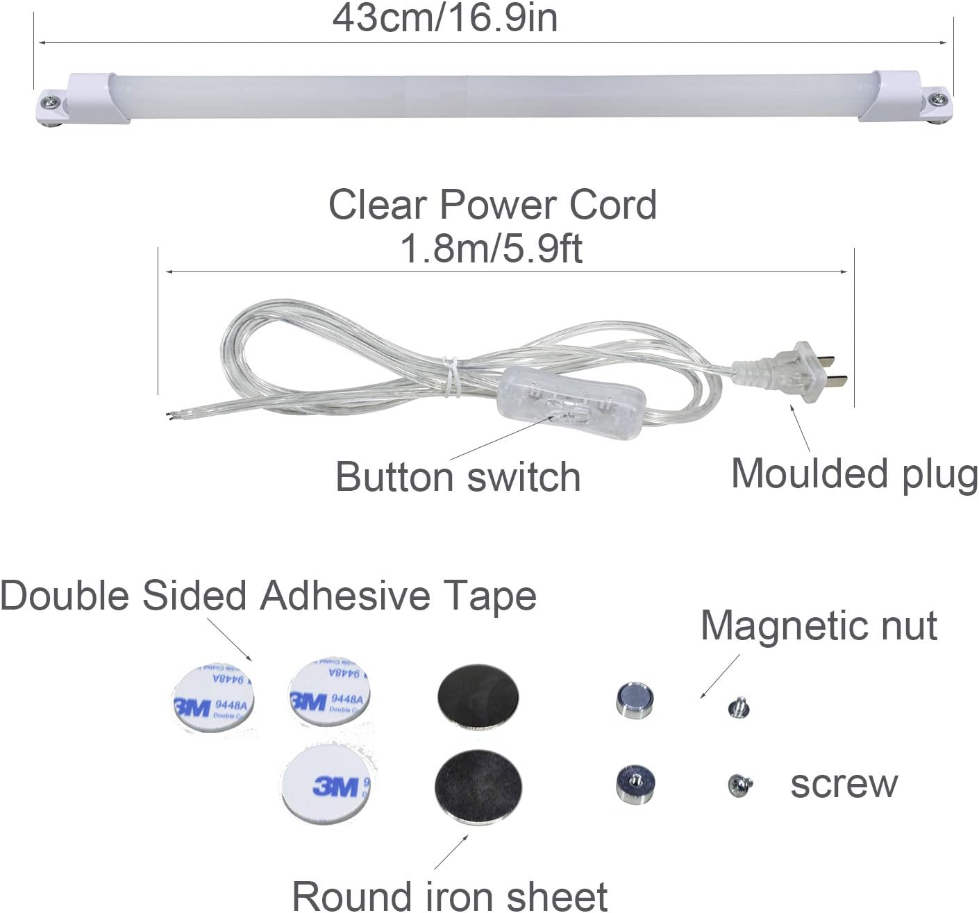 STBTECH 110V LED Under Cabinet Lighting,17inch LED Strip Light Bar with 6ft Power Cord,Magnetic Installation,Super Slim Counter Light,Reading Desk Lamp for Kitchen/Work Table.(White 6000K)