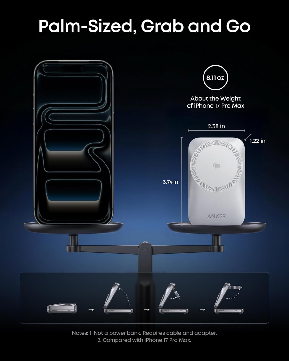 Anker Prime 3-in-1 Charging Station, AirCool Wireless Charger, 25W Qi2.2-Certified Palm-Sized Foldable MagSafe Charger Compatible with iPhone 17, Apple Watch, AirPods (Non-Battery, with Adapter)