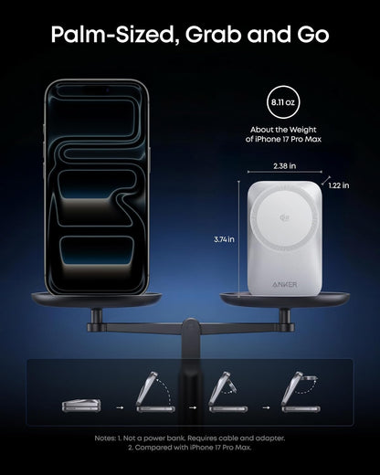 Anker Prime 3-in-1 Charging Station, AirCool Wireless Charger, 25W Qi2.2-Certified Palm-Sized Foldable MagSafe Charger Compatible with iPhone 17, Apple Watch, AirPods (Non-Battery, with Adapter)