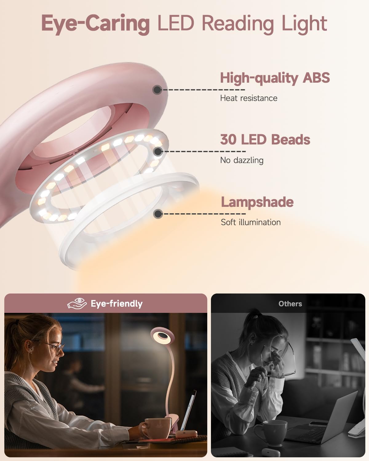 CUHIOY Rechargeable Clip on Reading Light for Bed, Battery Desk Lamp, 5 Color 5 Brightness & Touch Control Headboard Lamp, Large Clamp Lamp with Flexible Neck, Eye Protect LED Bedside Light, Pink