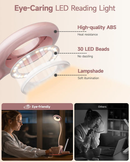 CUHIOY Rechargeable Clip on Reading Light for Bed, Battery Desk Lamp, 5 Color 5 Brightness & Touch Control Headboard Lamp, Large Clamp Lamp with Flexible Neck, Eye Protect LED Bedside Light, Pink
