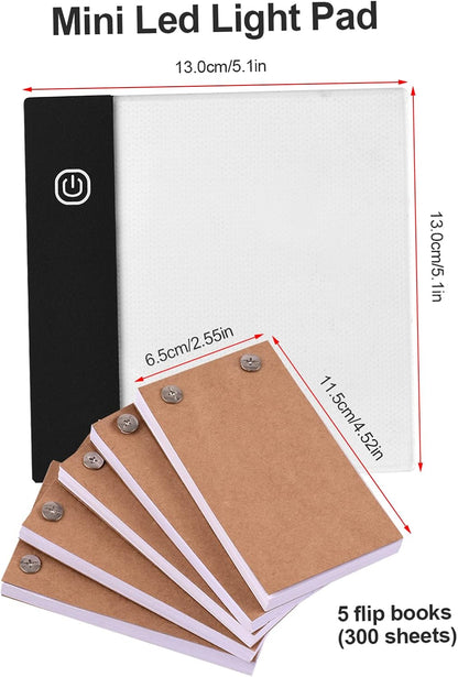 Flip Book Kit with Mini Light Pad LED Lightbox Tablet Design with Hole 300 Sheets Flipbook Paper Bg Screws for Ding Tracing Animation Sketching Cartoon Creation