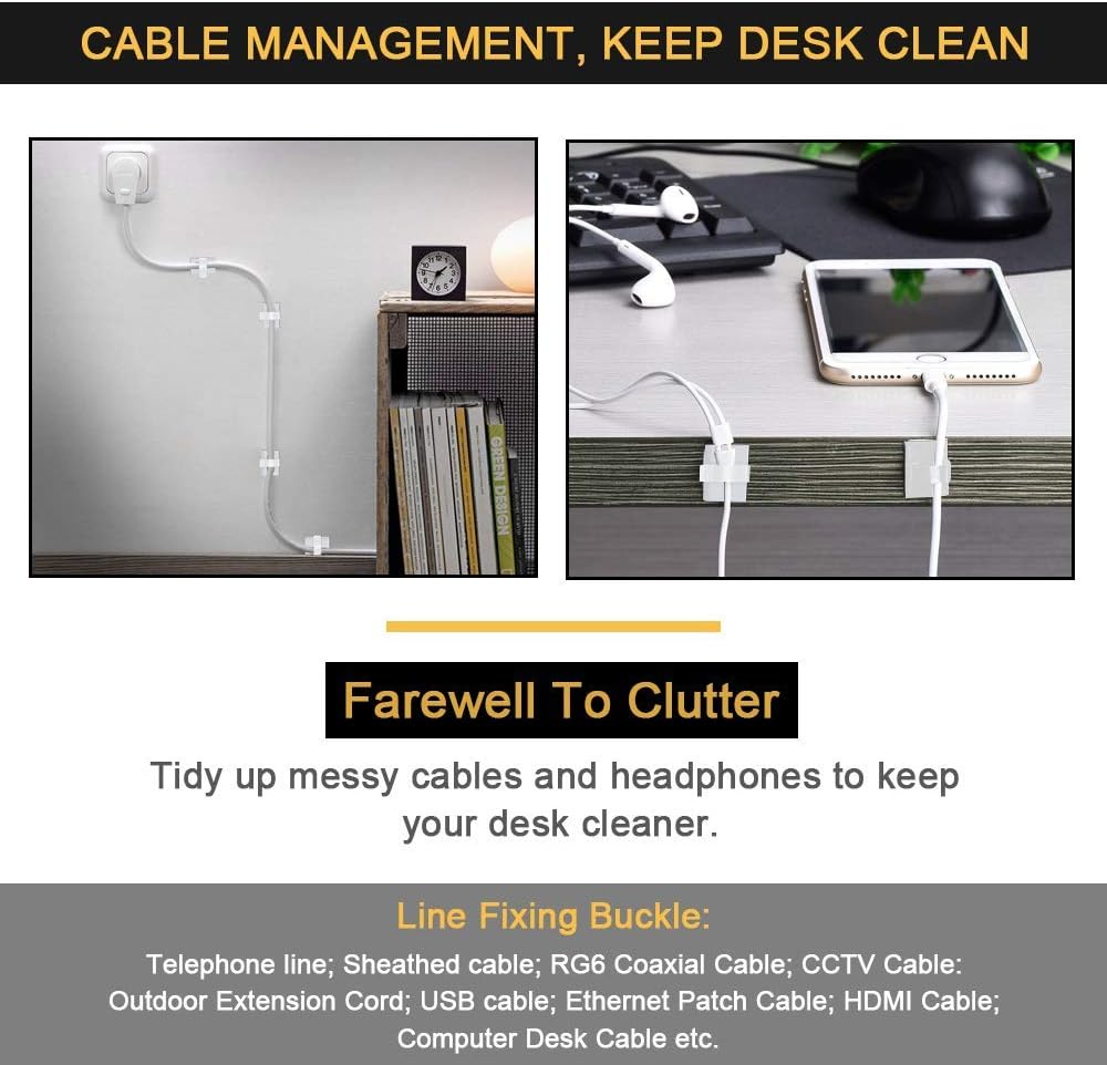 Cable Clips Self with 3M Adhesive Cord Organizer, Wire Holder Clamp Management Sticky for Desk Car Dash Cam Tables Wall, Black 30pcs