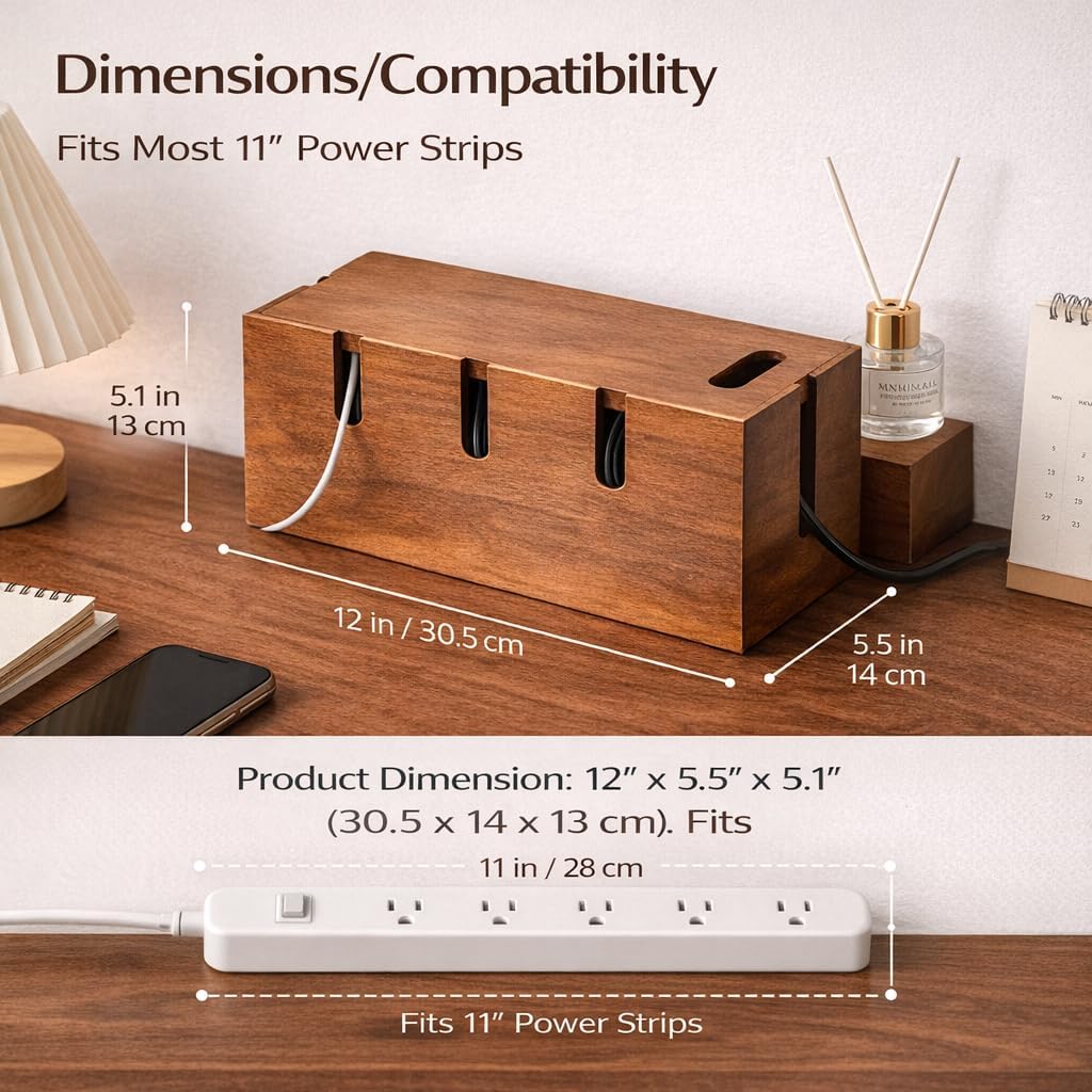 Wood Cable Management Box for Desk & TV – Cable Organizer Box to Hide Cords, Power Strips & Chargers, Decorative Cord Hider, Includes 20 Reusable Cable Ties