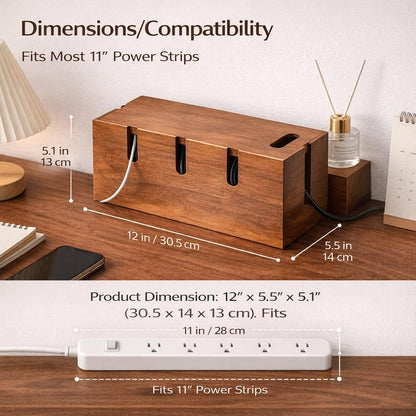 Wood Cable Management Box for Desk & TV – Cable Organizer Box to Hide Cords, Power Strips & Chargers, Decorative Cord Hider, Includes 20 Reusable Cable Ties