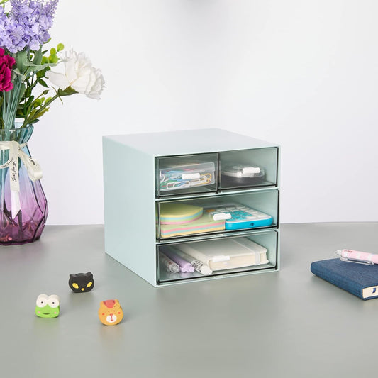 Desk Organizer with 4 Drawers, Clear Plastic Desk Storage Box, Desktop Organization for Office Supplies, Gel Pens, Pencils, Markers, Tape, Erasers, Paperclips, Chargers (White-4 Draws)