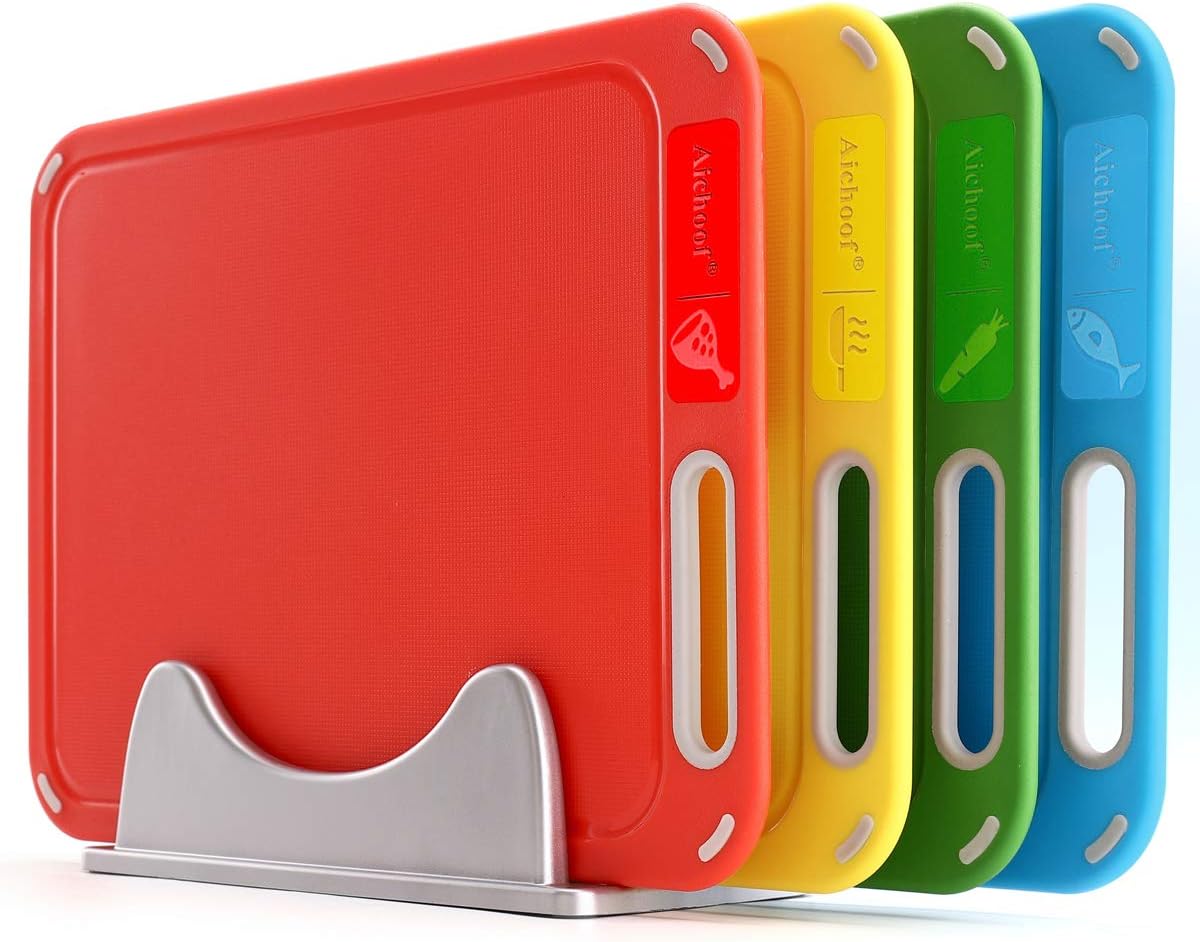 Plastic Cutting Boards Set of 4 with Holder, Color-Coded Chopping Boards for Meat Fish Vegetables & Bread, BPA-Free, Dishwasher Safe, Non-Slip Kitchen Cutting Board Set