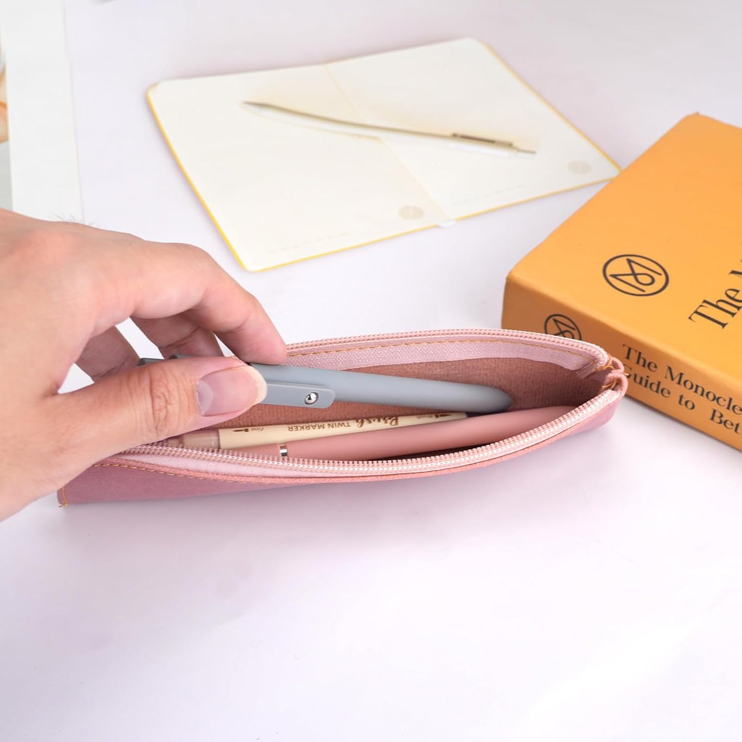 RETON 5 Pack Leather Small Pencil Pouch, Slim 5 Colors Pencil Pen Case with Zipper, Thin Soft Pencils Organizer Portable Cosmetic Bag Purse for Stationary Supplies, Women, Office, Travel