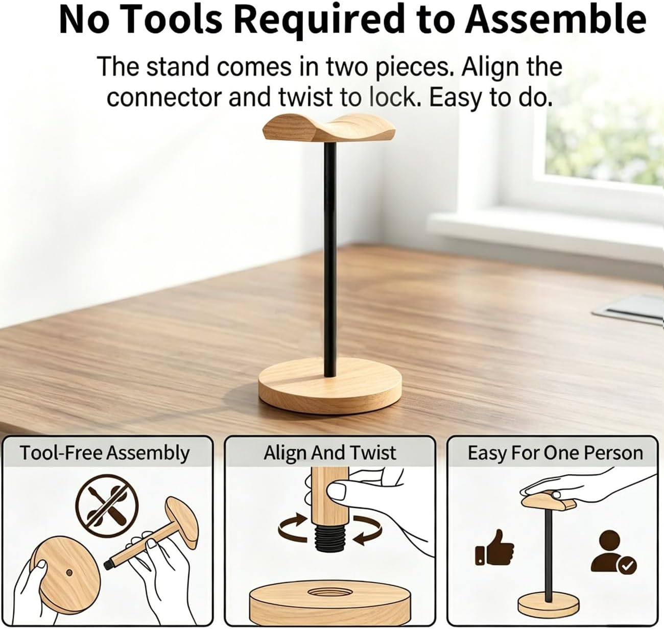 Headphone Holder Stand for Desk, Wood and Metal Headset Hanger Mount Hook Gaming Holder Desktop Earphone Artful Functional Craftsmanship Stand for All Headsets with Solid Wooden Base