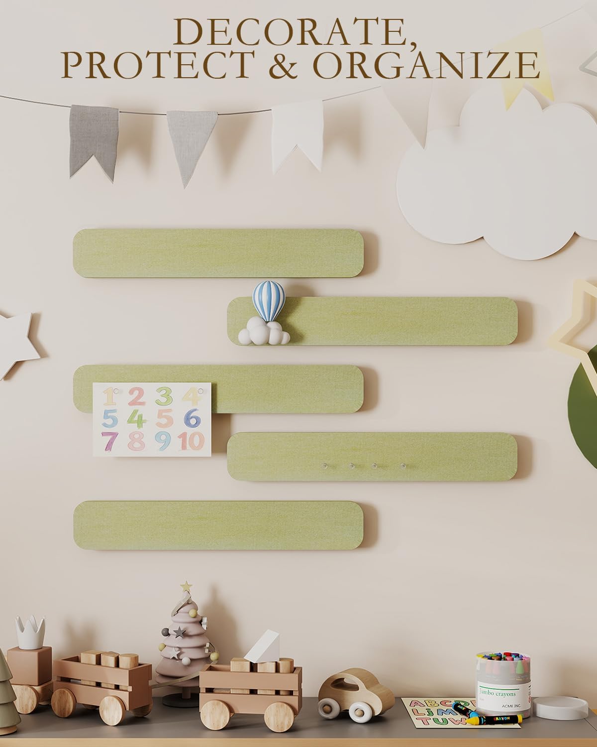 JBER Felt Strip Board 5 Pack 13"x2", Cork Board Alternative Pin Bulletin Board, Self-Adhesive Vision Board with 25 Push Pins for Walls, Office & Home Decor(Light Camel)