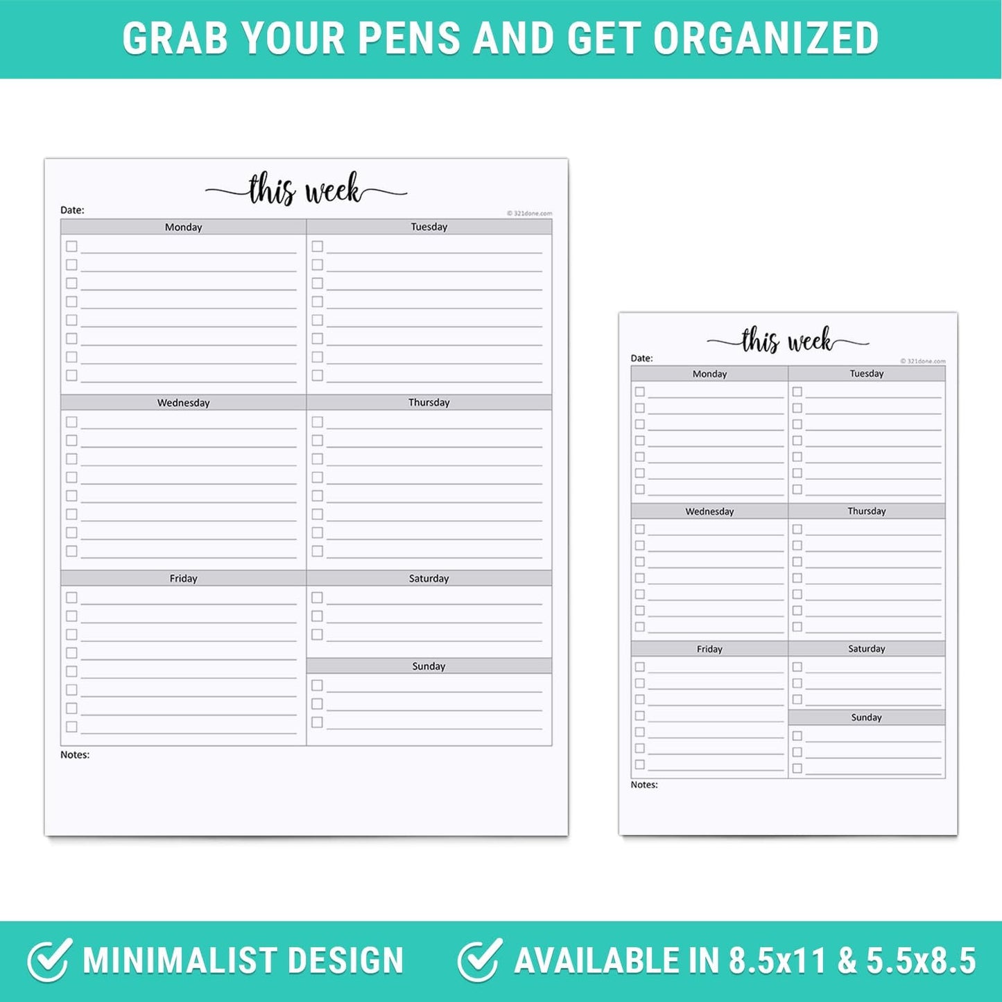 321Done Weekly Checklist Notepad - 50 Sheets (5.5" x 8.5") - This Week to Do Notepad Tear Off Planning Pad, Planner Checklist Organizing - Made in USA - Simple Script