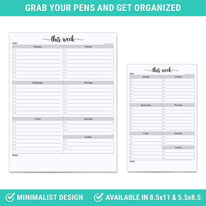 321Done Weekly Checklist Notepad - 50 Sheets (5.5" x 8.5") - This Week to Do Notepad Tear Off Planning Pad, Planner Checklist Organizing - Made in USA - Simple Script