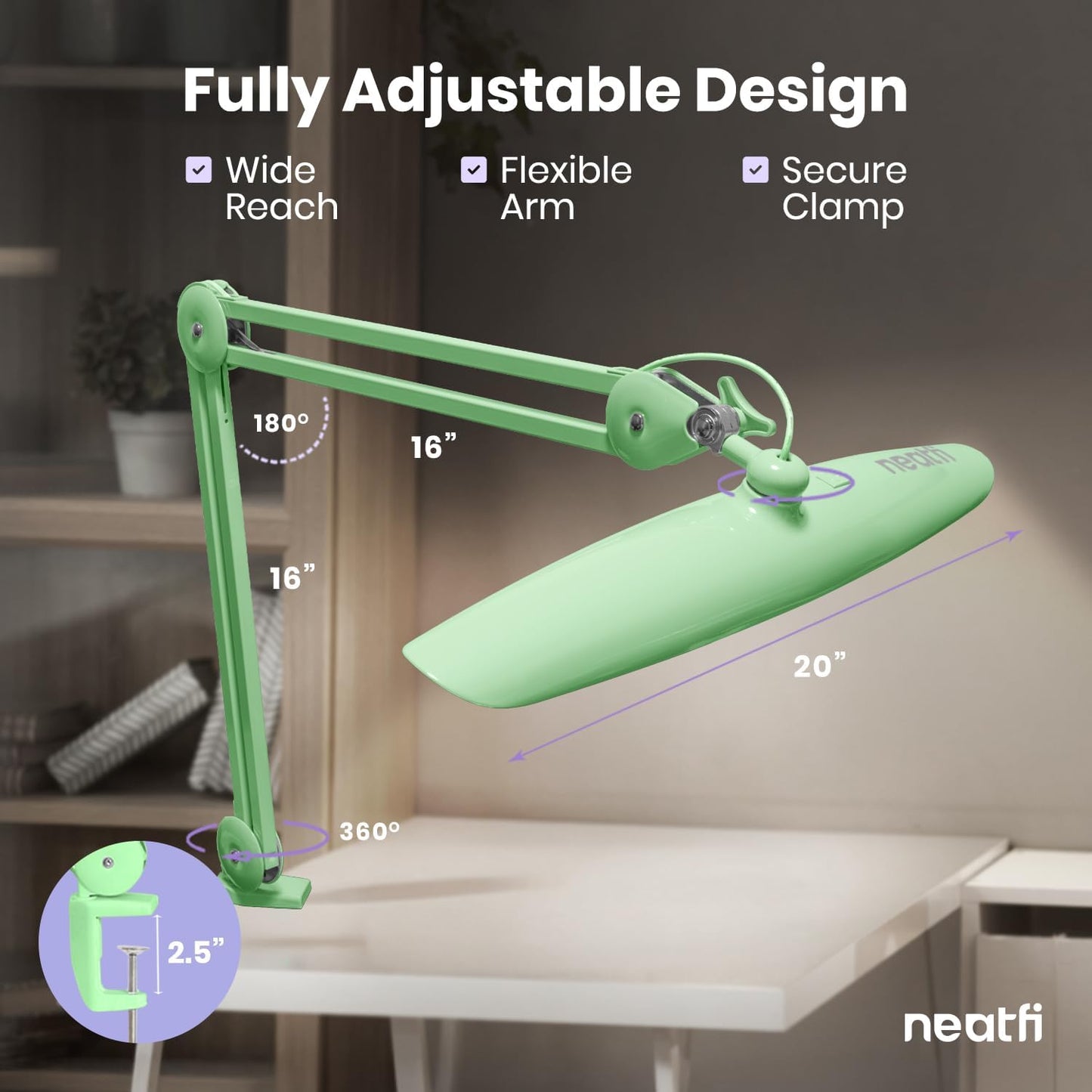 Neatfi XL 2200 Lumens 24W LED Desk Lamp – Shadow-Free Task Lighting | 4-Level Dimming | Home Office & Crafts Use | 20-Inch Wide Head (White, Non-CCT with Clamp)