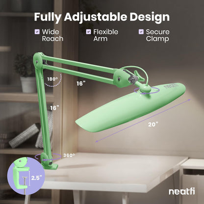 Neatfi XL 2200 Lumens 24W LED Desk Lamp – Shadow-Free Task Lighting | 4-Level Dimming | Home Office & Crafts Use | 20-Inch Wide Head (White, Non-CCT with Clamp)