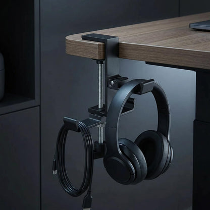 JAKO Headphone Stand for Desk, 3 Hooks Aluminum Alloy Headphone Holder (1 Foldable+2 Fixed) Space Saving Headset Stand Hook, Universal Fit PC Gaming Headsets Holder Desk Clamp for Office/Game Table