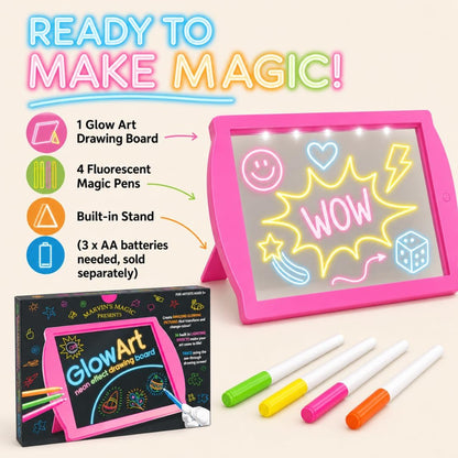 Marvin's Magic Glow Art Neon LED Drawing Board for Kids - Pink Doodle Board with Glow in the Dark Markers - Light Up Tracing Pad and Drawing Tablet - Mess Free Arts and Crafts Set Ages 5+