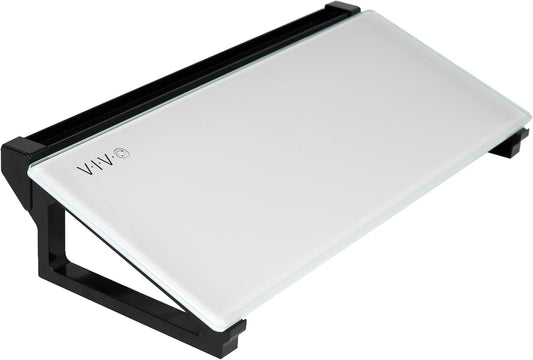 VIVO Glass 16 x 7 inch Desktop Whiteboard with Marker Slot and Open Storage, Dry Erase Non-Streak White Surface, Black Frame, DESK-WB16D