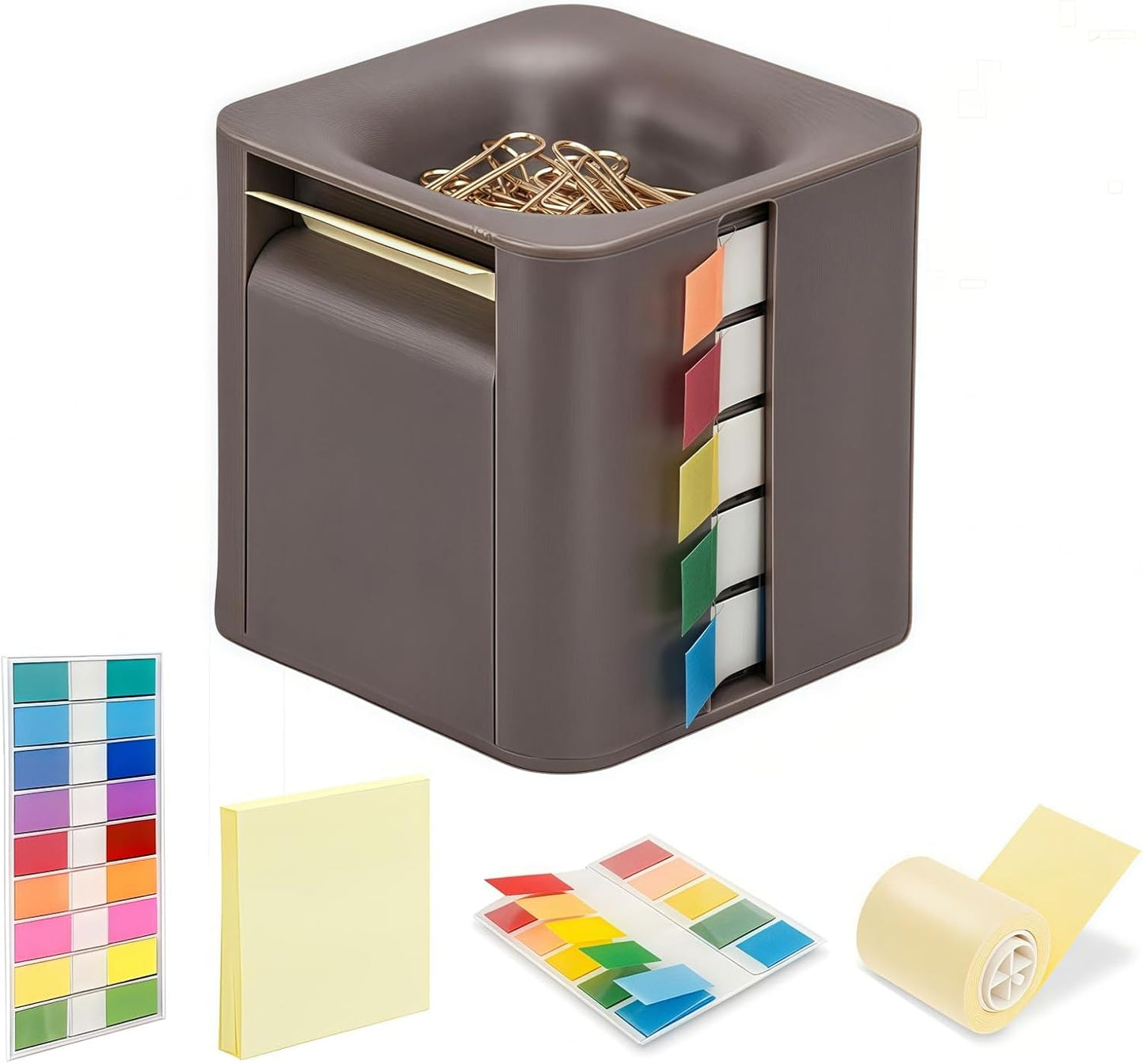 Sticky Note Holder and Dispenser with Magnetic Paper Clip Holder, 3x3 Pop-Up Note and Annotation Labels,Full Adhesive Note Roll Desktop Organizer.5-in-1 Multi-Function Standing Sticky Note Box(White)