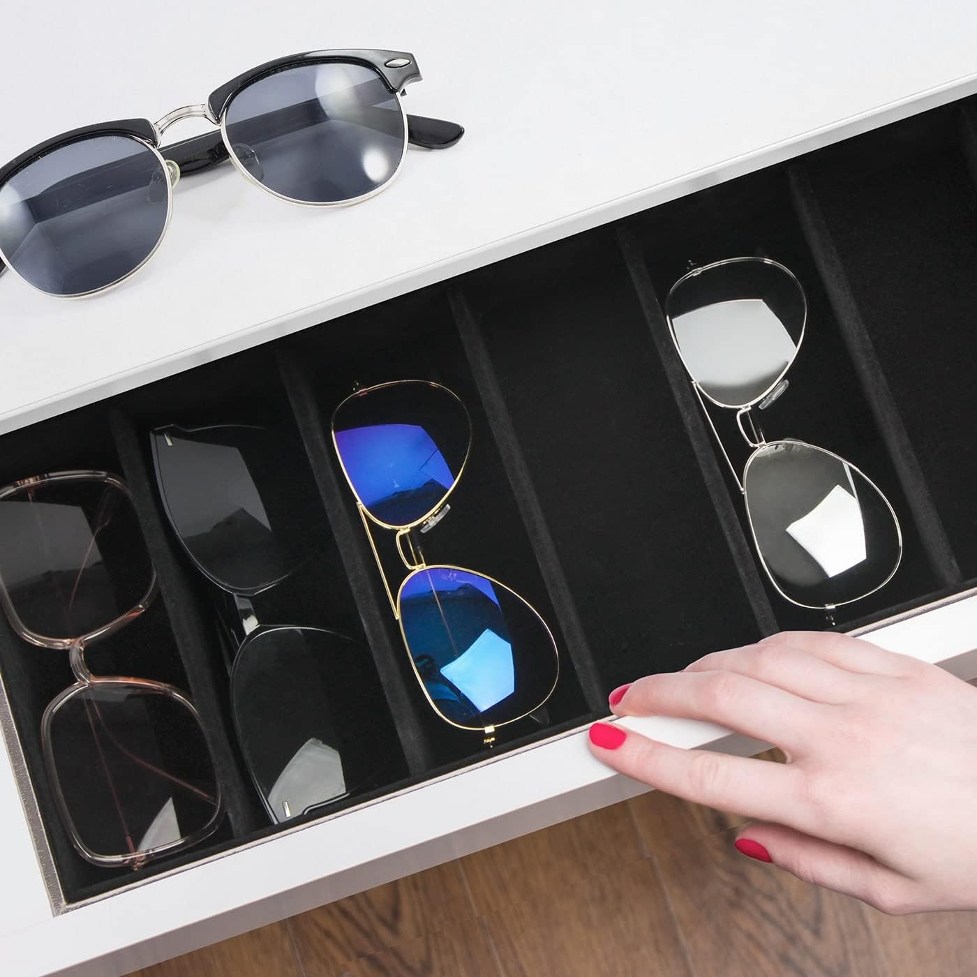 J JACKCUBE DESIGN 7 Slot Sunglasses Organizer, Leather Eyeglass Storage Tray Box for Table, Desk, or Drawer - MK378
