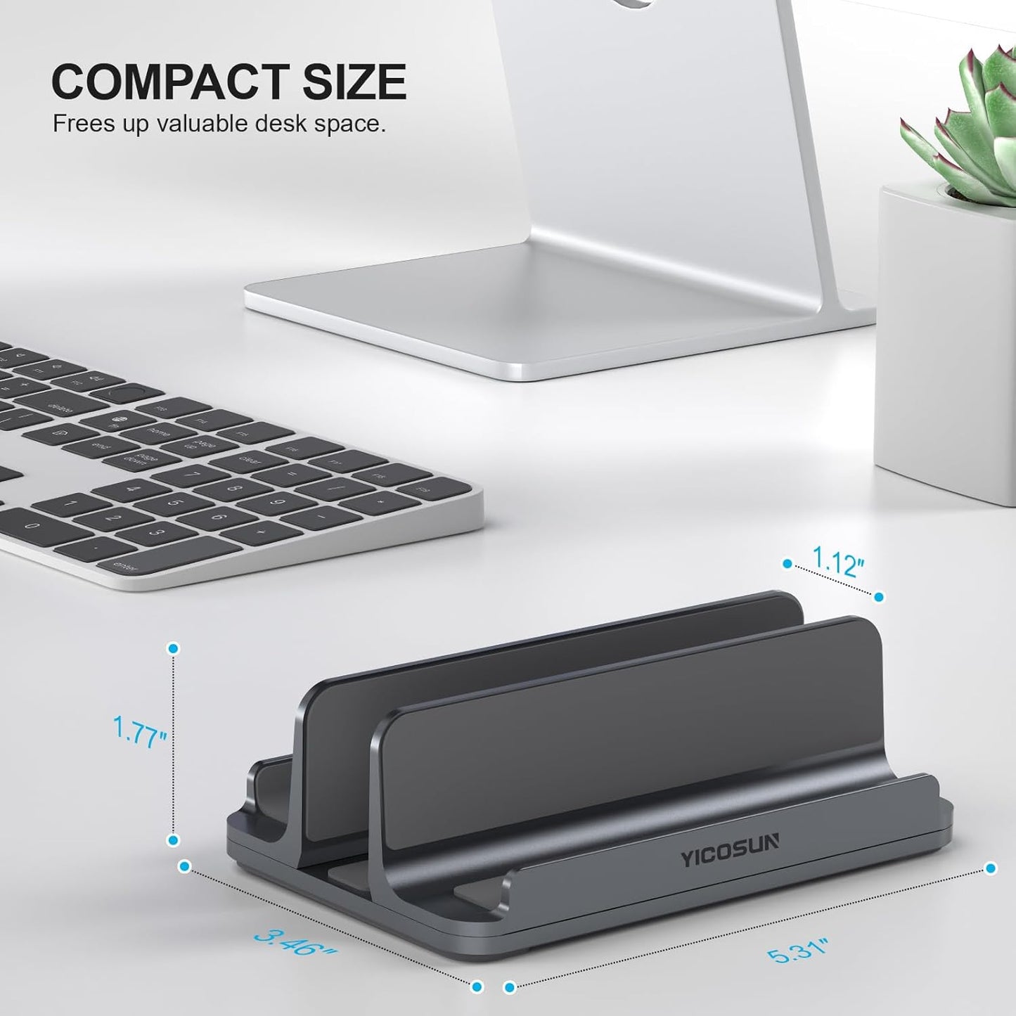 YICOSUN Dual-Slot Aluminum Vertical Laptop Stand for Desk - Adjustable Width Dock for MacBook, Surface, Samsung, HP, Dell up to 17.3 inches - Space-Saving & Protective Design - Gray