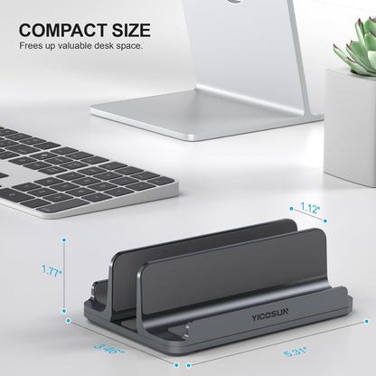 YICOSUN Dual-Slot Aluminum Vertical Laptop Stand for Desk - Adjustable Width Dock for MacBook, Surface, Samsung, HP, Dell up to 17.3 inches - Space-Saving & Protective Design - Gray