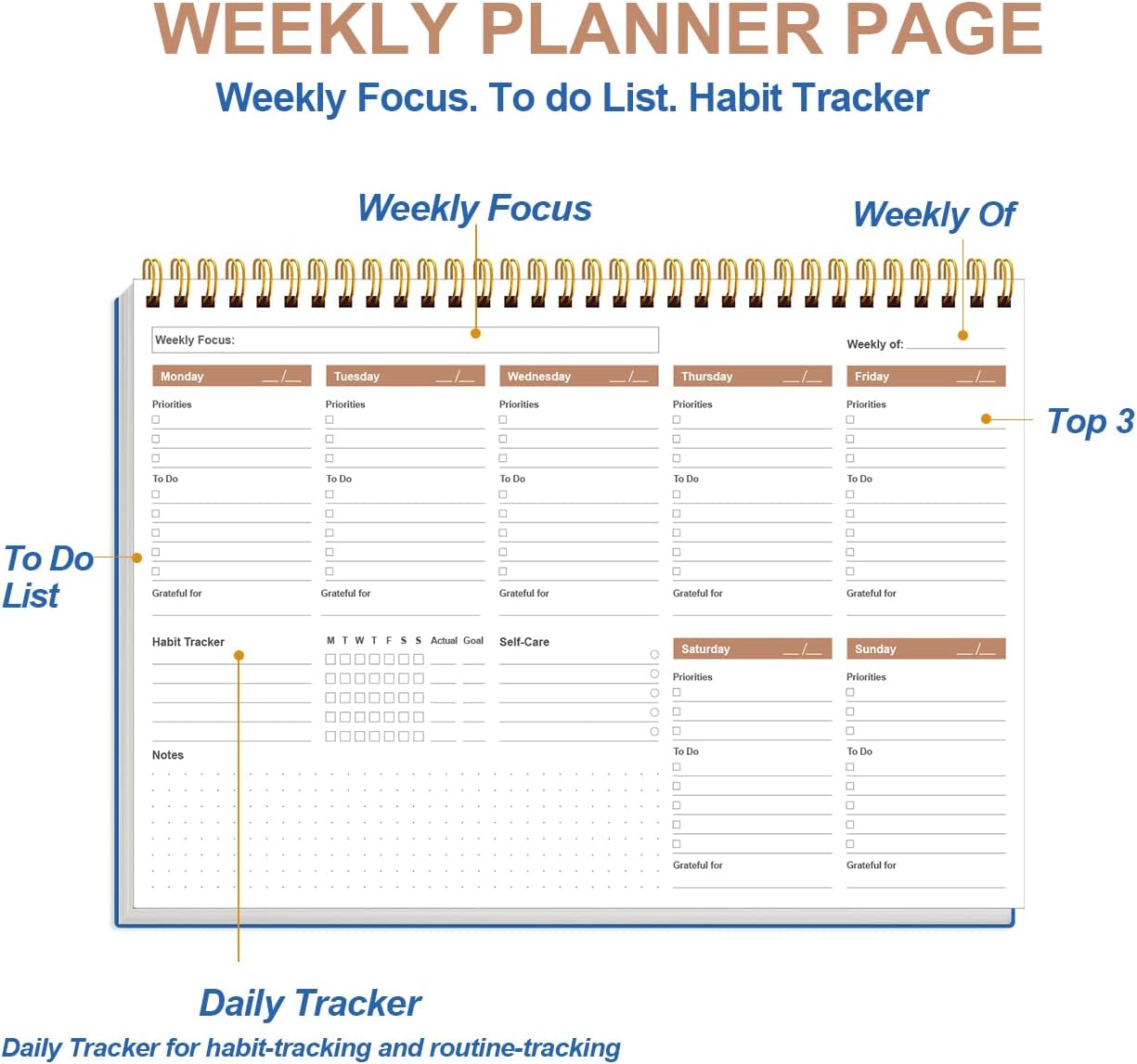 Weekly Productivity Planner - 8" x 11" Dashboard Desk Pad/Planner, Habit Tracker, Spiral Undated Weekly Planner for Office/School/Home, 54 Weeks, Black